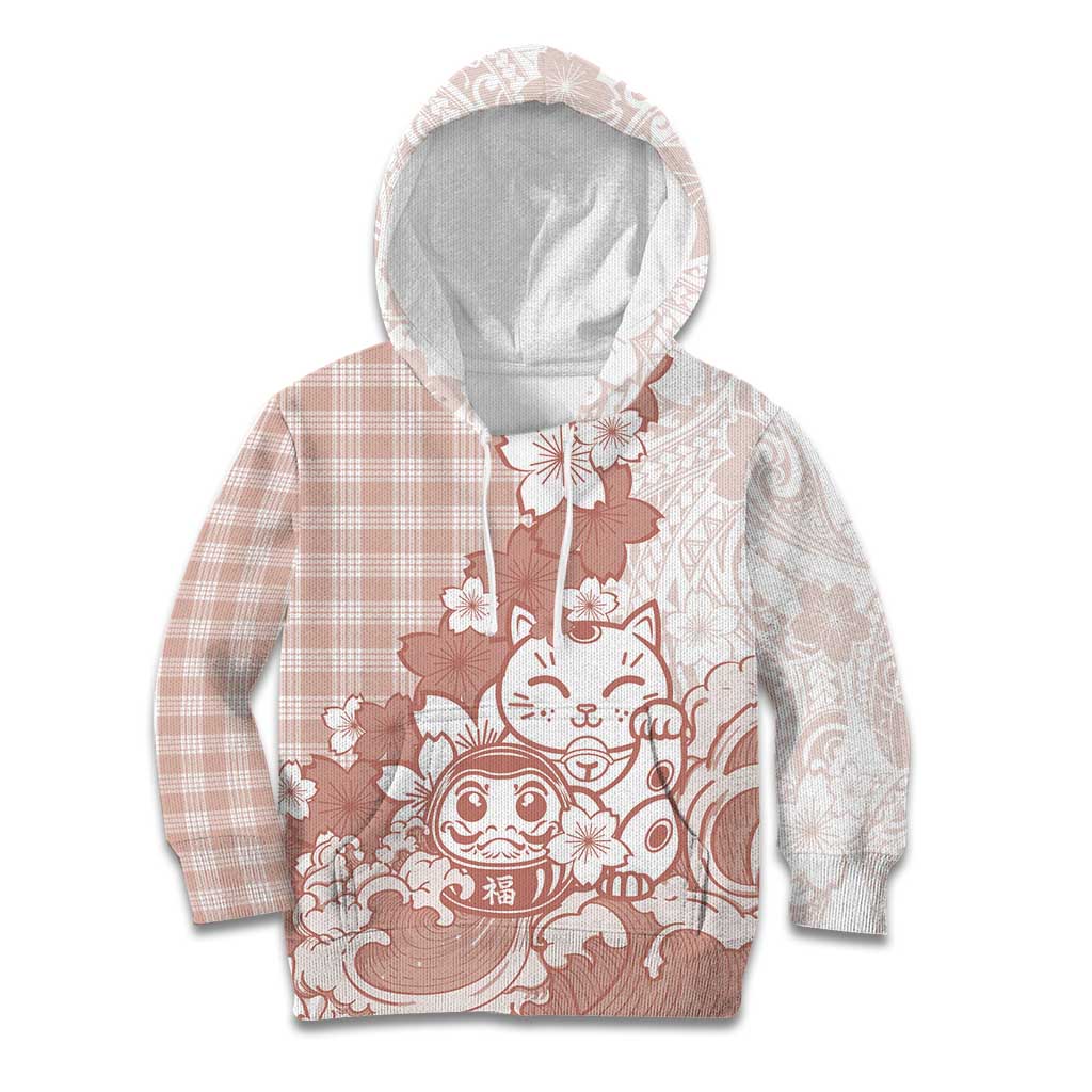 Beige Palaka Hawaiian And Japanese Kid Hoodie Maneki Neko And Sakura Bloom DT05 Hoodie Beige - Polynesian Pride