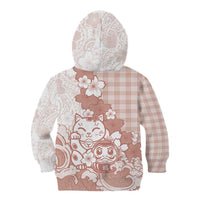Beige Palaka Hawaiian And Japanese Kid Hoodie Maneki Neko And Sakura Bloom DT05 - Polynesian Pride