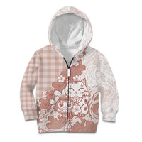 Beige Palaka Hawaiian And Japanese Kid Hoodie Maneki Neko And Sakura Bloom DT05 Zip Hoodie Beige - Polynesian Pride