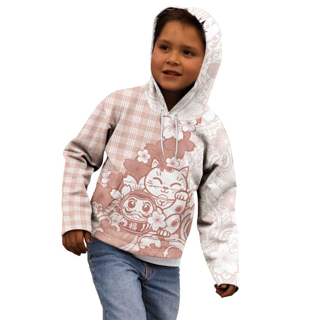 Beige Palaka Hawaiian And Japanese Kid Hoodie Maneki Neko And Sakura Bloom DT05 - Polynesian Pride