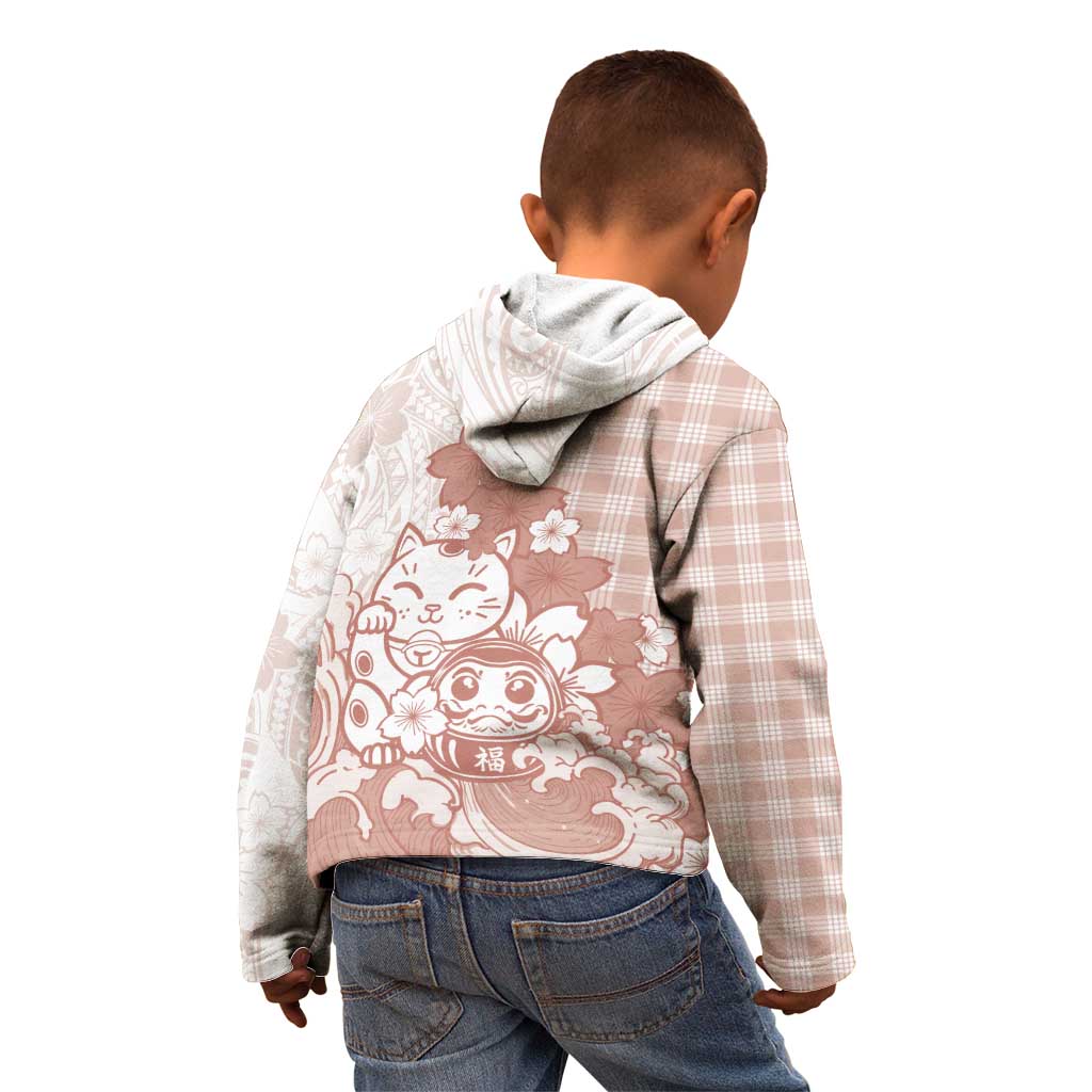 Beige Palaka Hawaiian And Japanese Kid Hoodie Maneki Neko And Sakura Bloom DT05 - Polynesian Pride