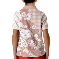 Beige Palaka Hawaiian And Japanese Kid Polo Shirt Maneki Neko And Sakura Bloom
