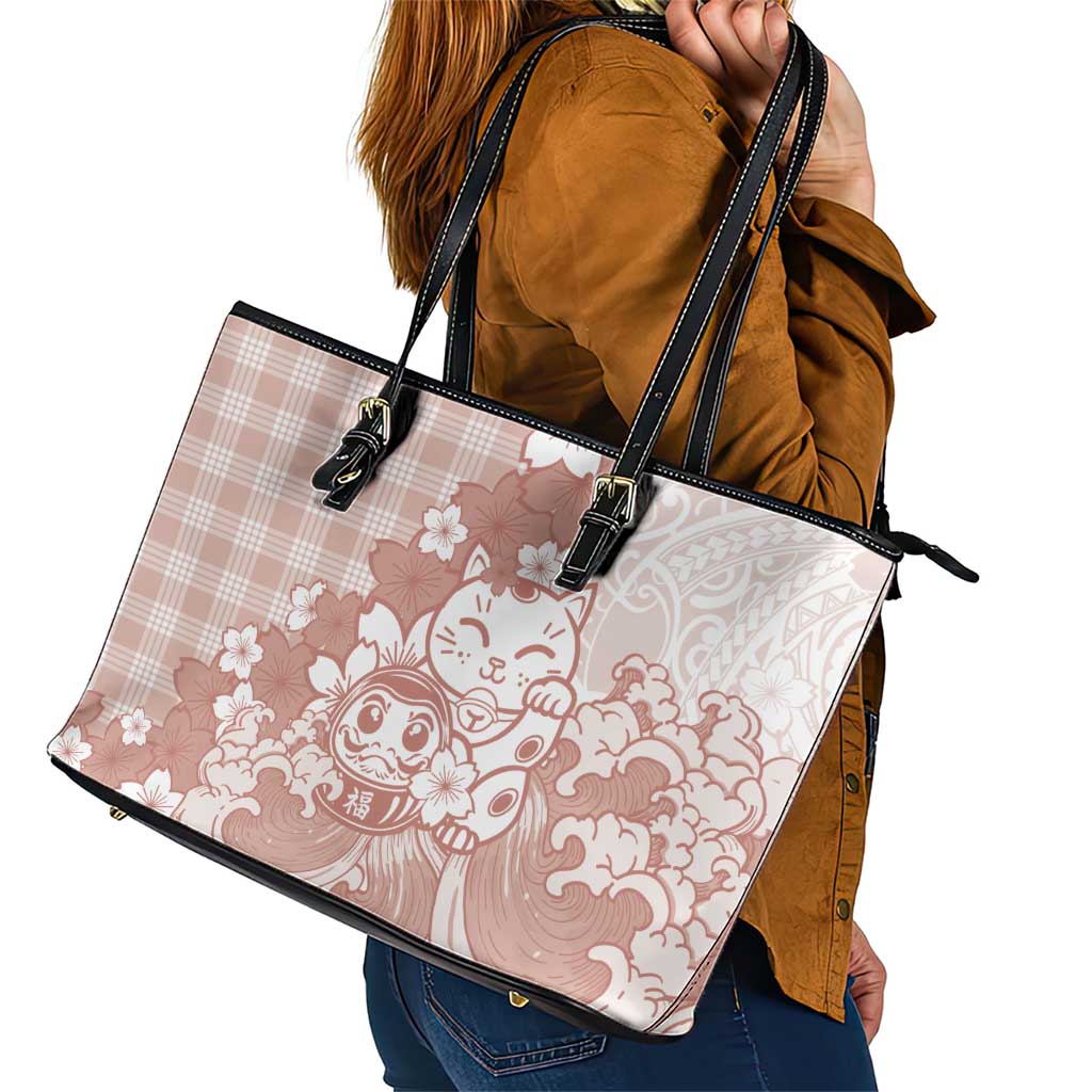 Beige Palaka Hawaiian And Japanese Leather Tote Bag Maneki Neko And Sakura Bloom