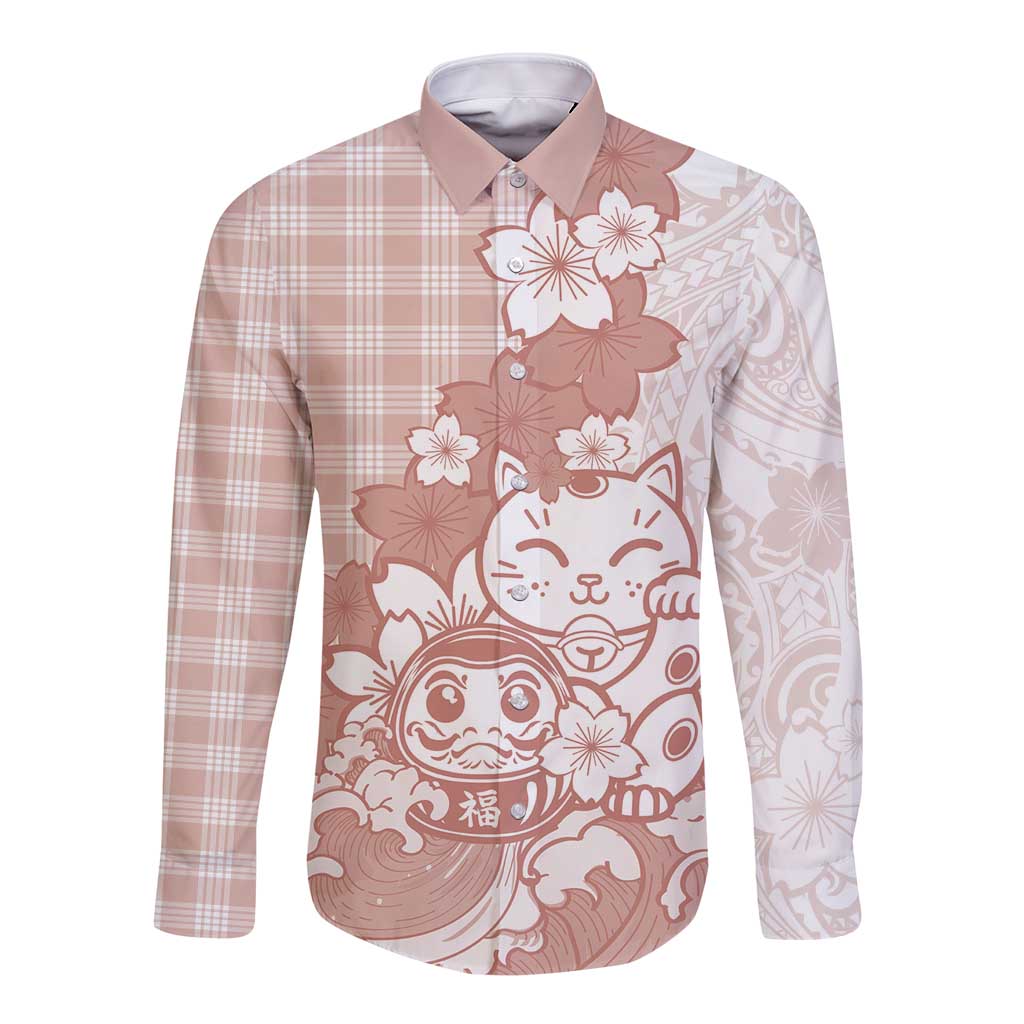 Beige Palaka Hawaiian And Japanese Long Sleeve Button Shirt Maneki Neko And Sakura Bloom