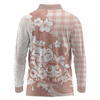Beige Palaka Hawaiian And Japanese Long Sleeve Polo Shirt Maneki Neko And Sakura Bloom