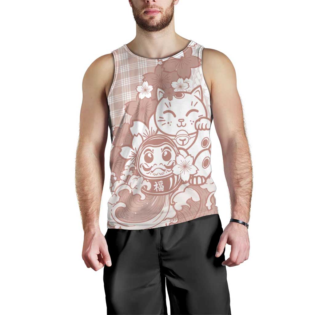 Beige Palaka Hawaiian And Japanese Men Tank Top Maneki Neko And Sakura Bloom