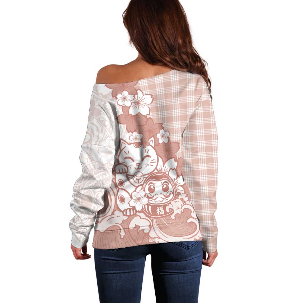 Beige Palaka Hawaiian And Japanese Off Shoulder Sweater Maneki Neko And Sakura Bloom