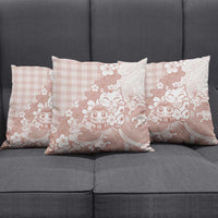 Beige Palaka Hawaiian And Japanese Pillow Cover Maneki Neko And Sakura Bloom