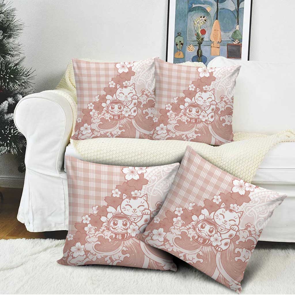 Beige Palaka Hawaiian And Japanese Pillow Cover Maneki Neko And Sakura Bloom