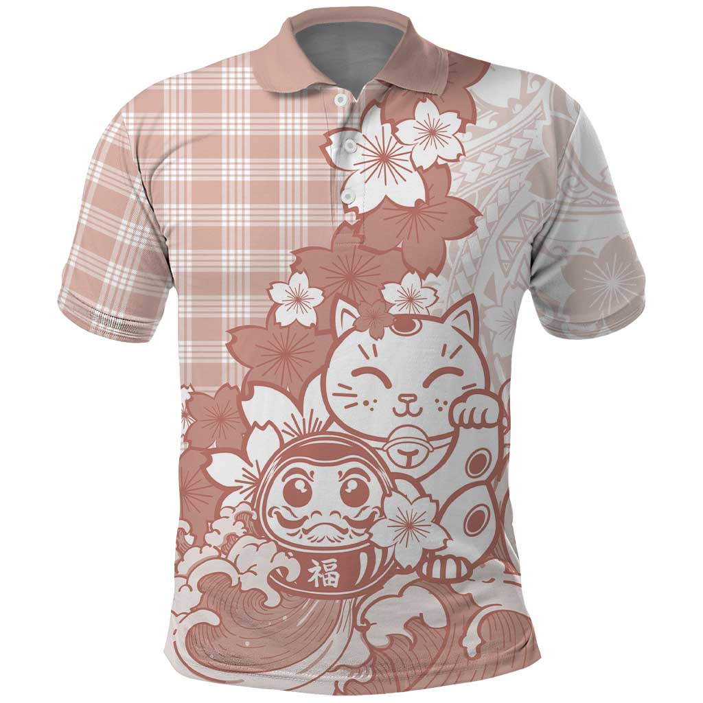 Beige Palaka Hawaiian And Japanese Polo Shirt Maneki Neko And Sakura Bloom DT05 Beige - Polynesian Pride