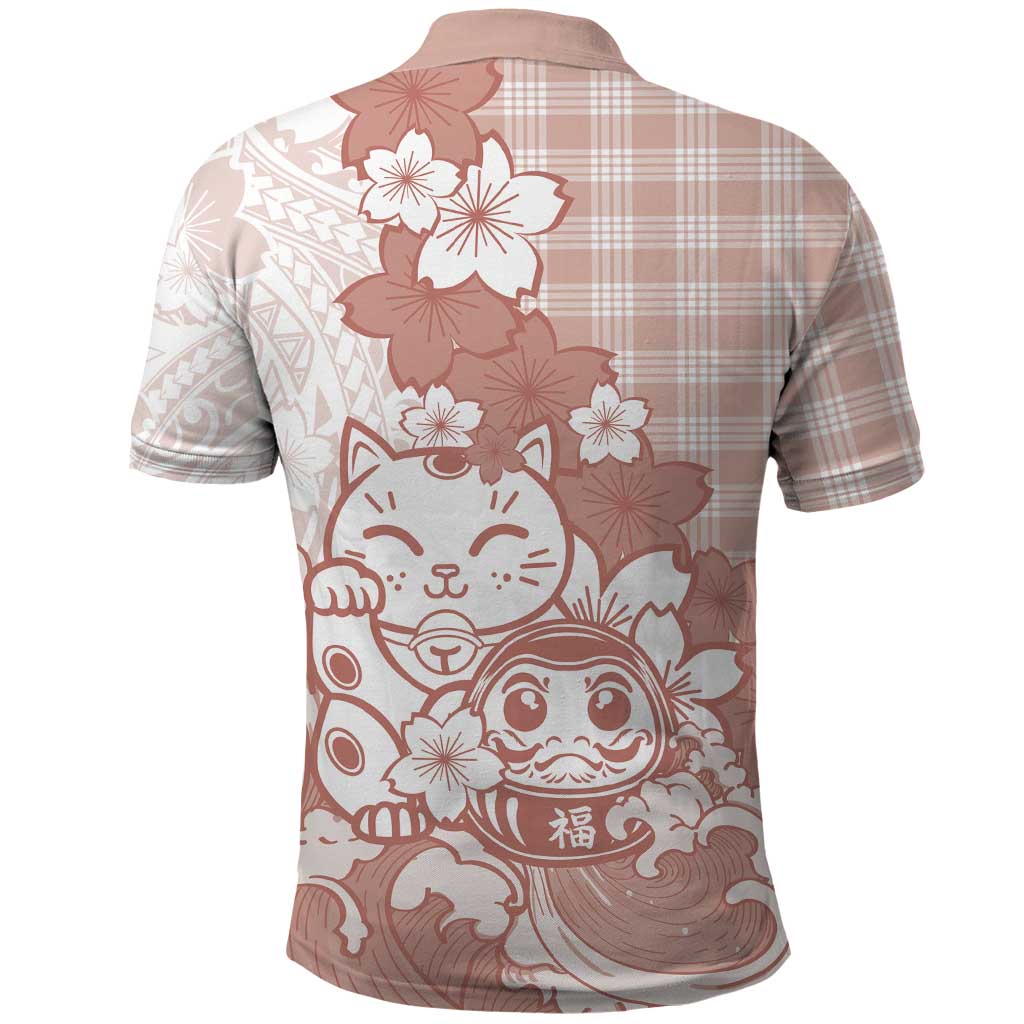 Beige Palaka Hawaiian And Japanese Polo Shirt Maneki Neko And Sakura Bloom DT05 - Polynesian Pride