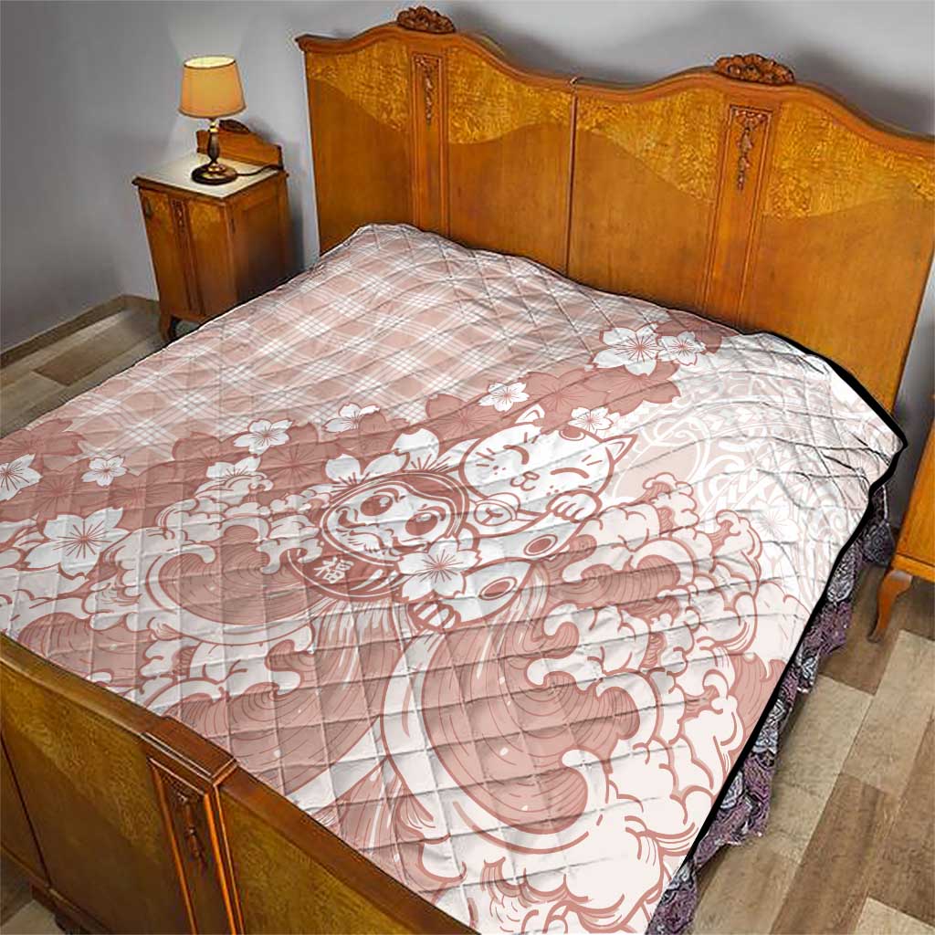 Beige Palaka Hawaiian And Japanese Quilt Maneki Neko And Sakura Bloom