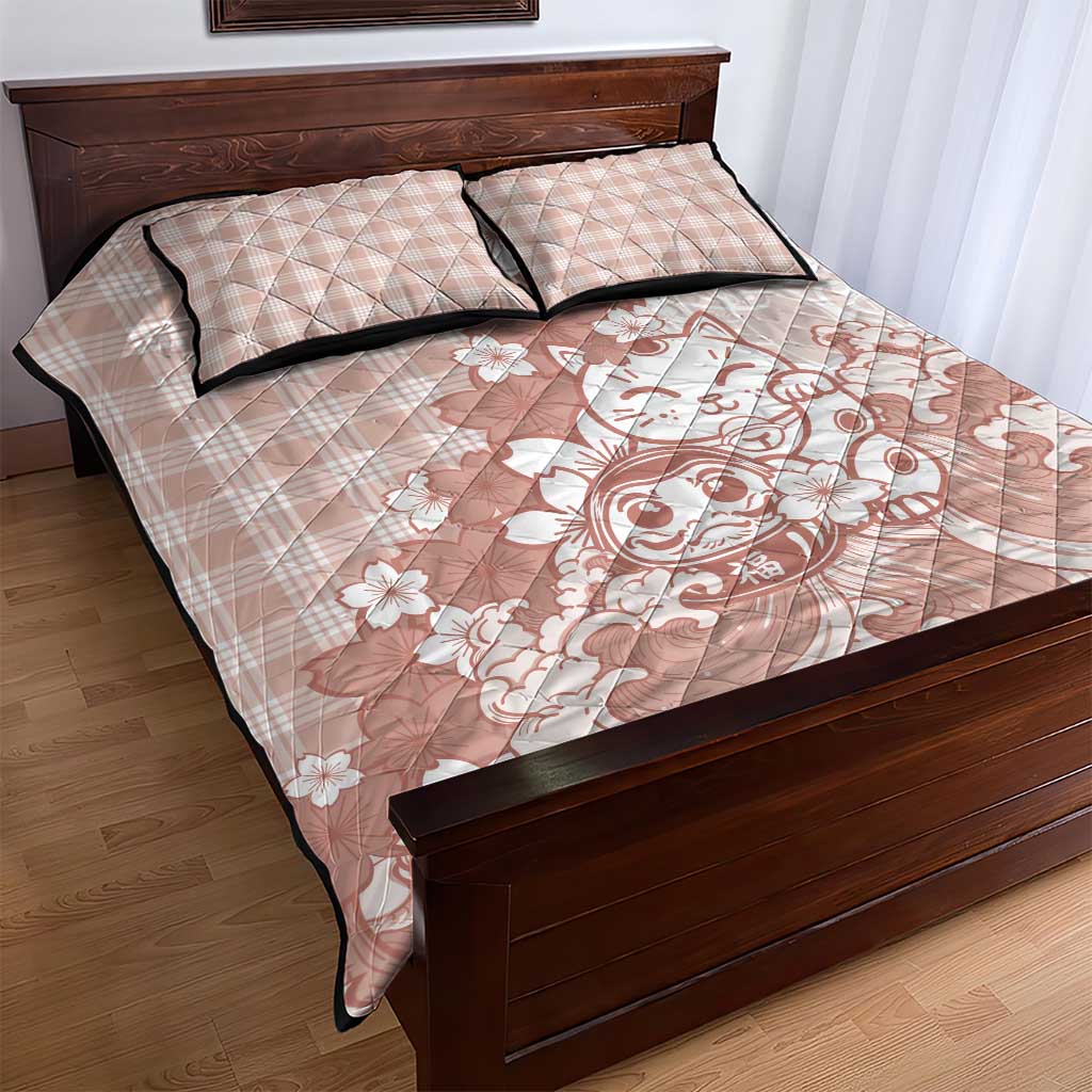 Beige Palaka Hawaiian And Japanese Quilt Bed Set Maneki Neko And Sakura Bloom