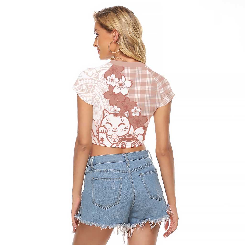 Beige Palaka Hawaiian And Japanese Raglan Cropped T Shirt Maneki Neko And Sakura Bloom