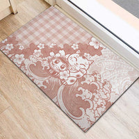 Beige Palaka Hawaiian And Japanese Rubber Doormat Maneki Neko And Sakura Bloom