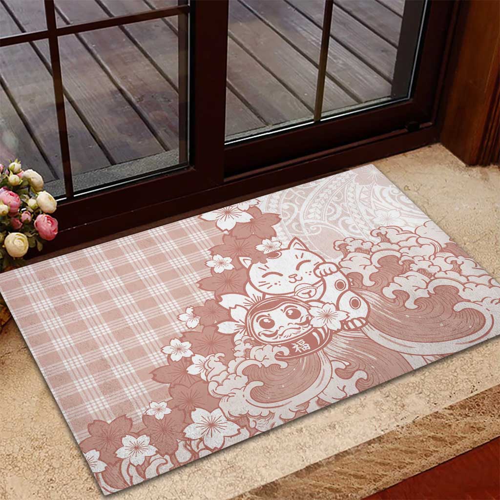 Beige Palaka Hawaiian And Japanese Rubber Doormat Maneki Neko And Sakura Bloom