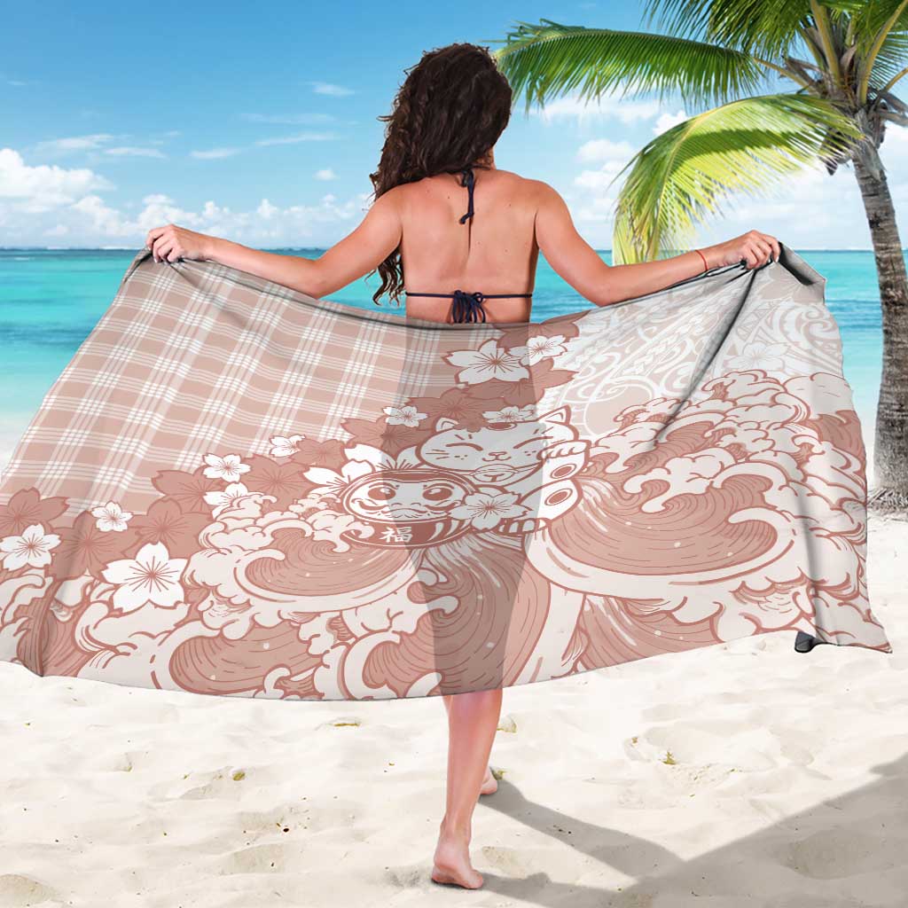 Beige Palaka Hawaiian And Japanese Sarong Maneki Neko And Sakura Bloom