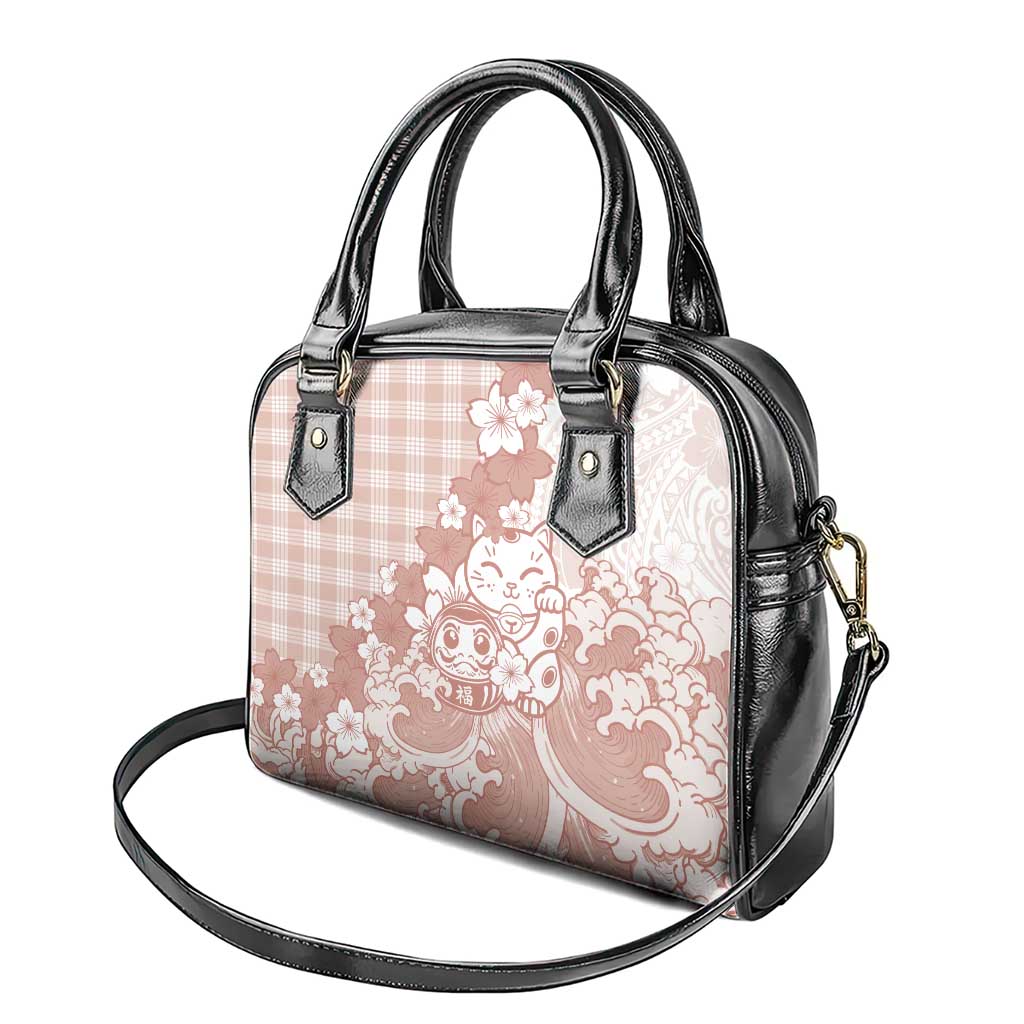 Beige Palaka Hawaiian And Japanese Shoulder Handbag Maneki Neko And Sakura Bloom