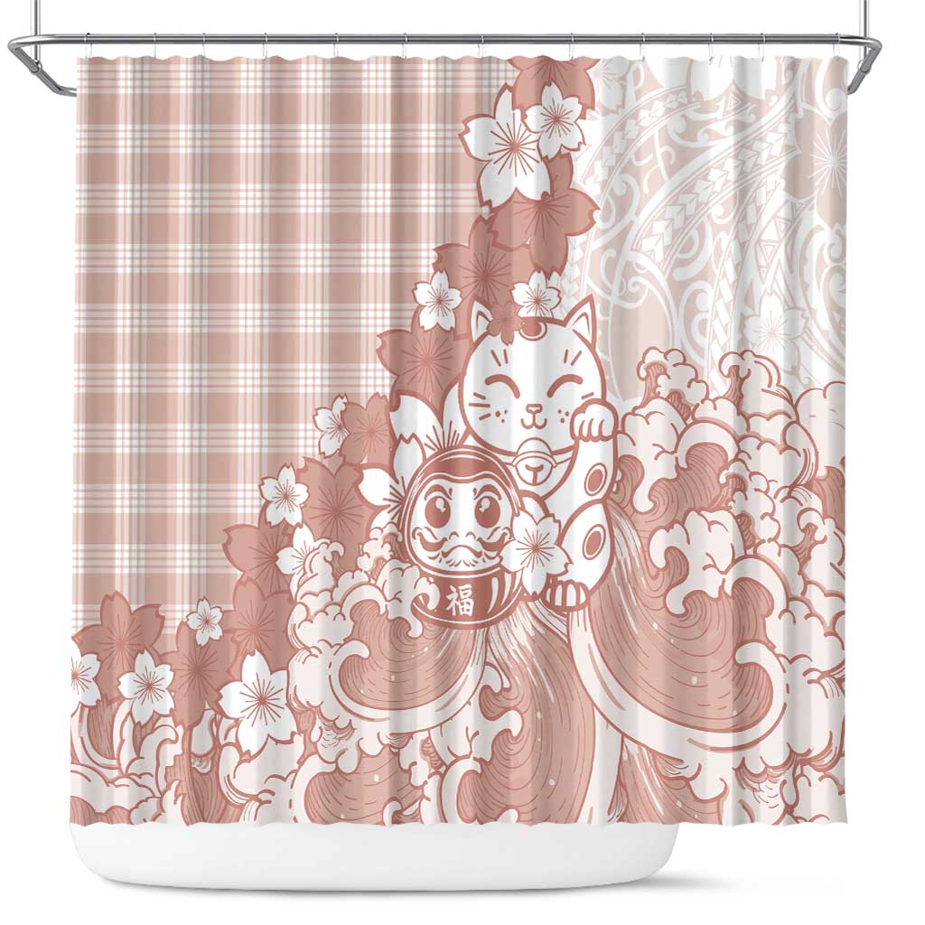Beige Palaka Hawaiian And Japanese Shower Curtain Maneki Neko And Sakura Bloom