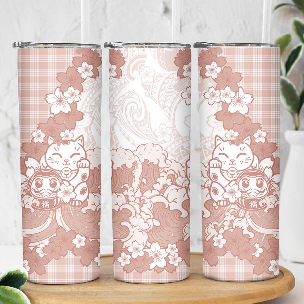 Beige Palaka Hawaiian And Japanese Skinny Tumbler Maneki Neko And Sakura Bloom DT05 - Polynesian Pride