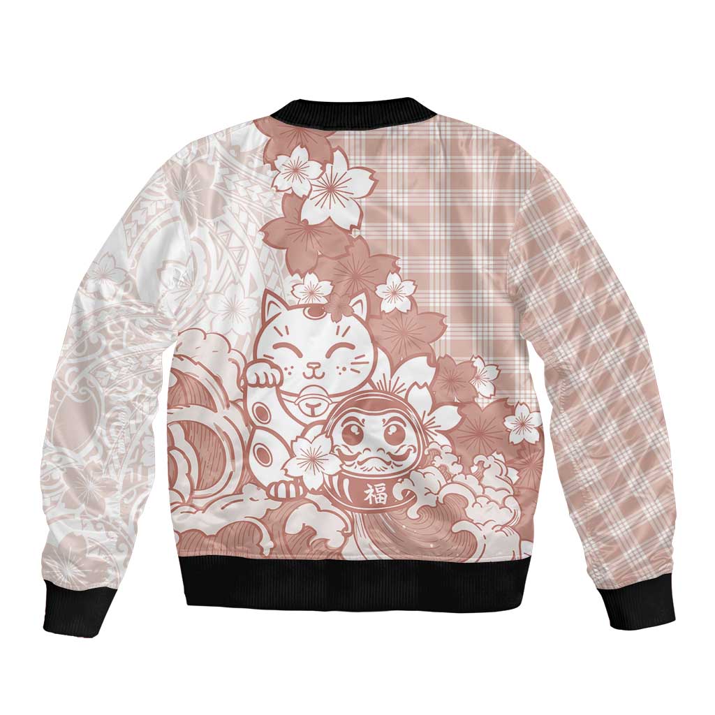 Beige Palaka Hawaiian And Japanese Sleeve Zip Bomber Jacket Maneki Neko And Sakura Bloom