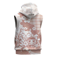 Beige Palaka Hawaiian And Japanese Sleeveless Zip Hoodie Maneki Neko And Sakura Bloom