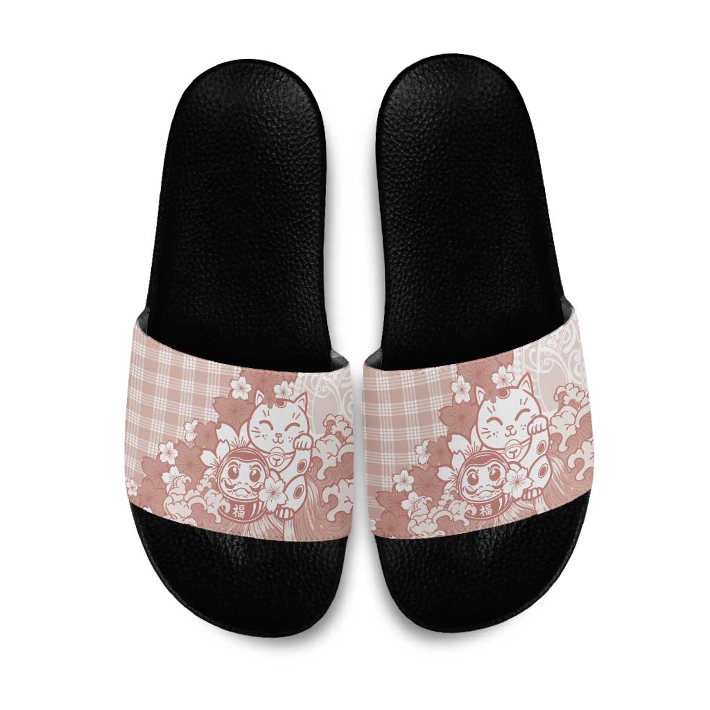 Beige Palaka Hawaiian And Japanese Slide Sandals Maneki Neko And Sakura Bloom