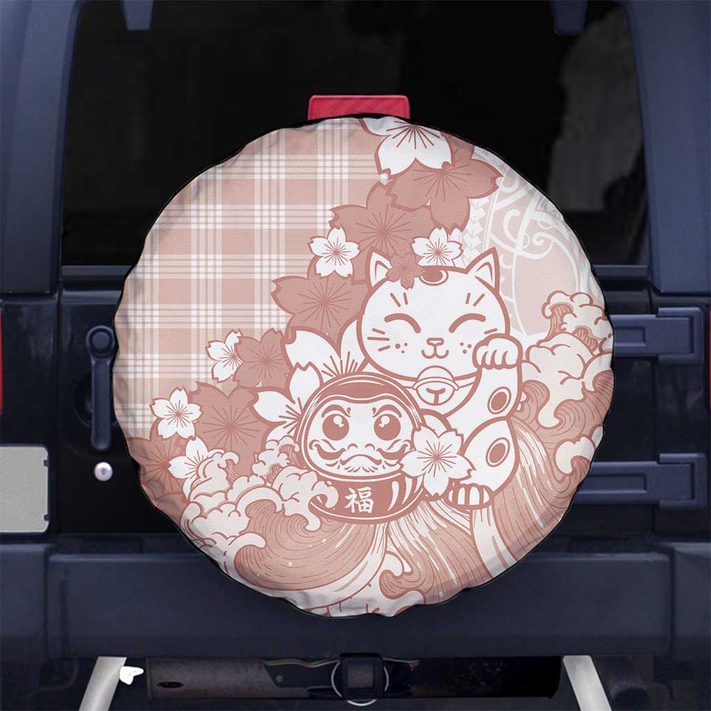 Beige Palaka Hawaiian And Japanese Spare Tire Cover Maneki Neko And Sakura Bloom