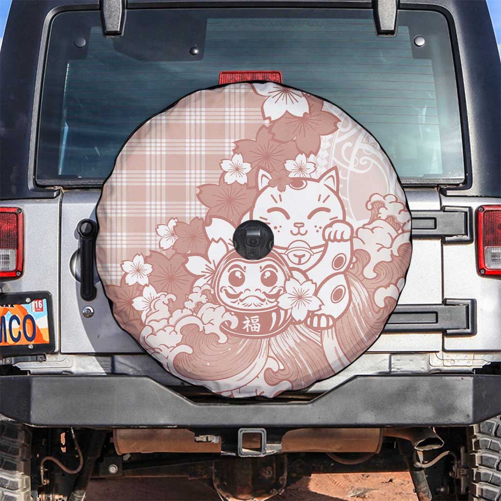 Beige Palaka Hawaiian And Japanese Spare Tire Cover Maneki Neko And Sakura Bloom