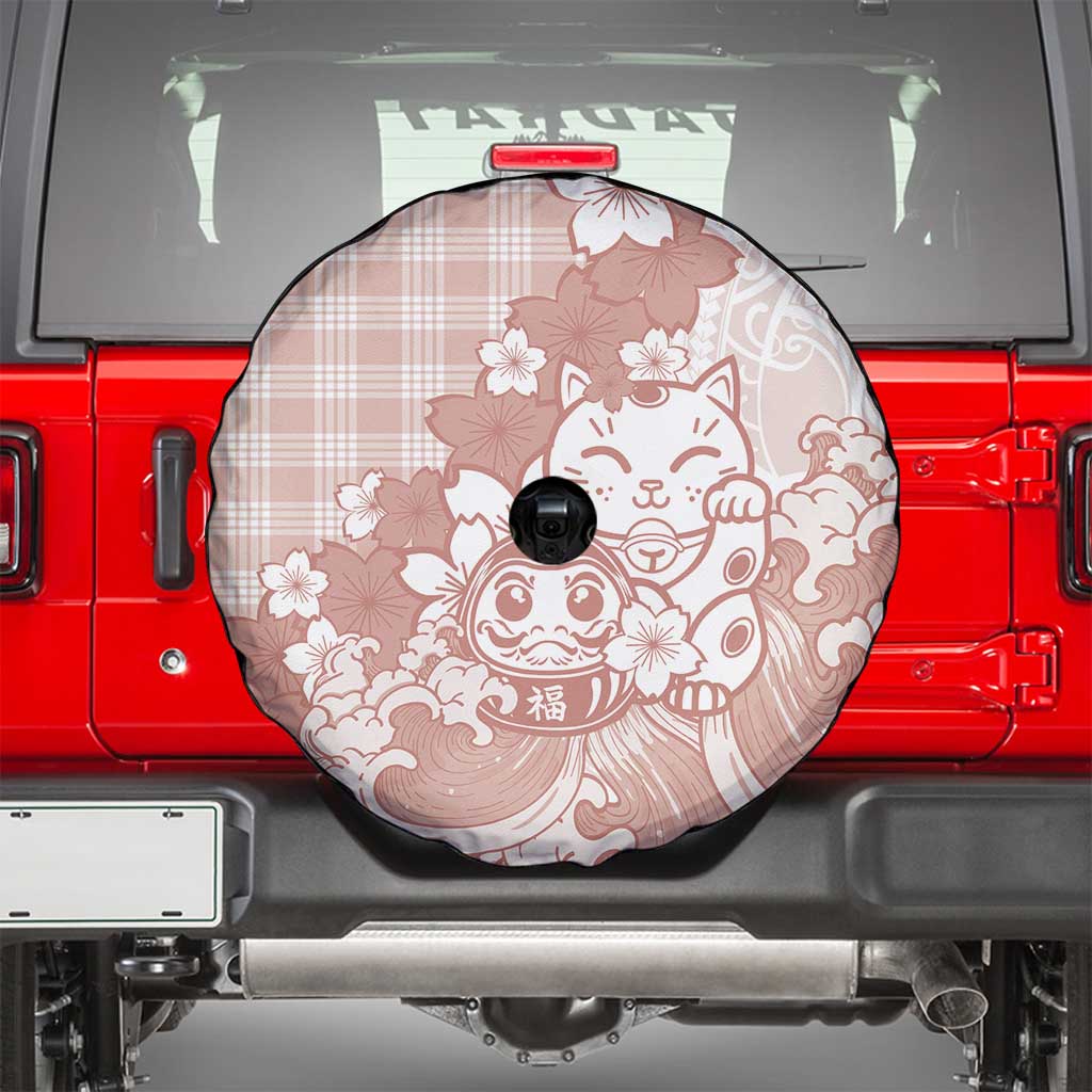 Beige Palaka Hawaiian And Japanese Spare Tire Cover Maneki Neko And Sakura Bloom