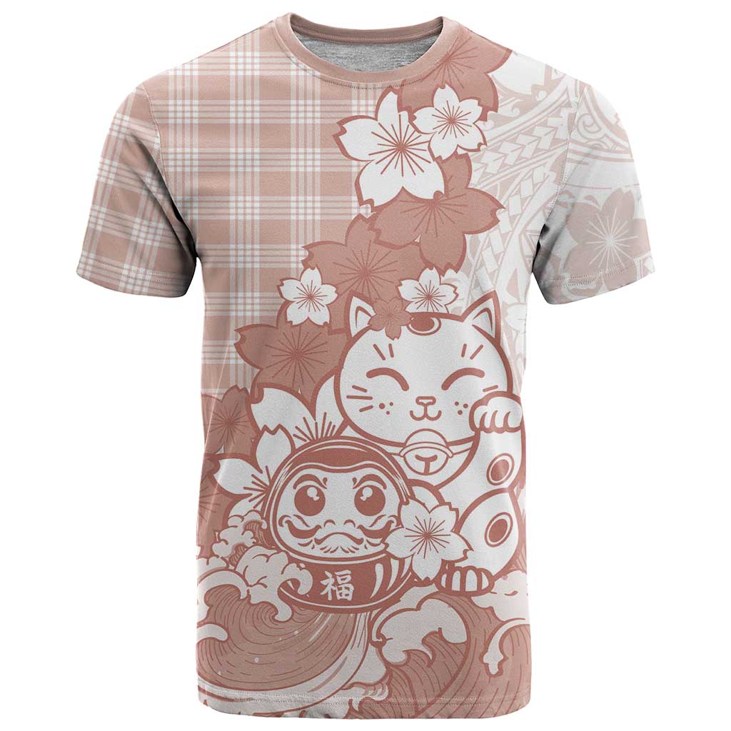 Beige Palaka Hawaiian And Japanese T Shirt Maneki Neko And Sakura Bloom