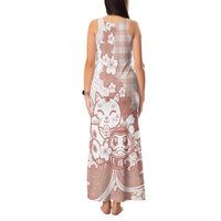Beige Palaka Hawaiian And Japanese Tank Maxi Dress Maneki Neko And Sakura Bloom