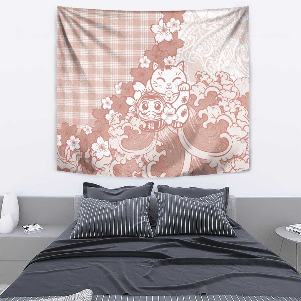Beige Palaka Hawaiian And Japanese Tapestry Maneki Neko And Sakura Bloom