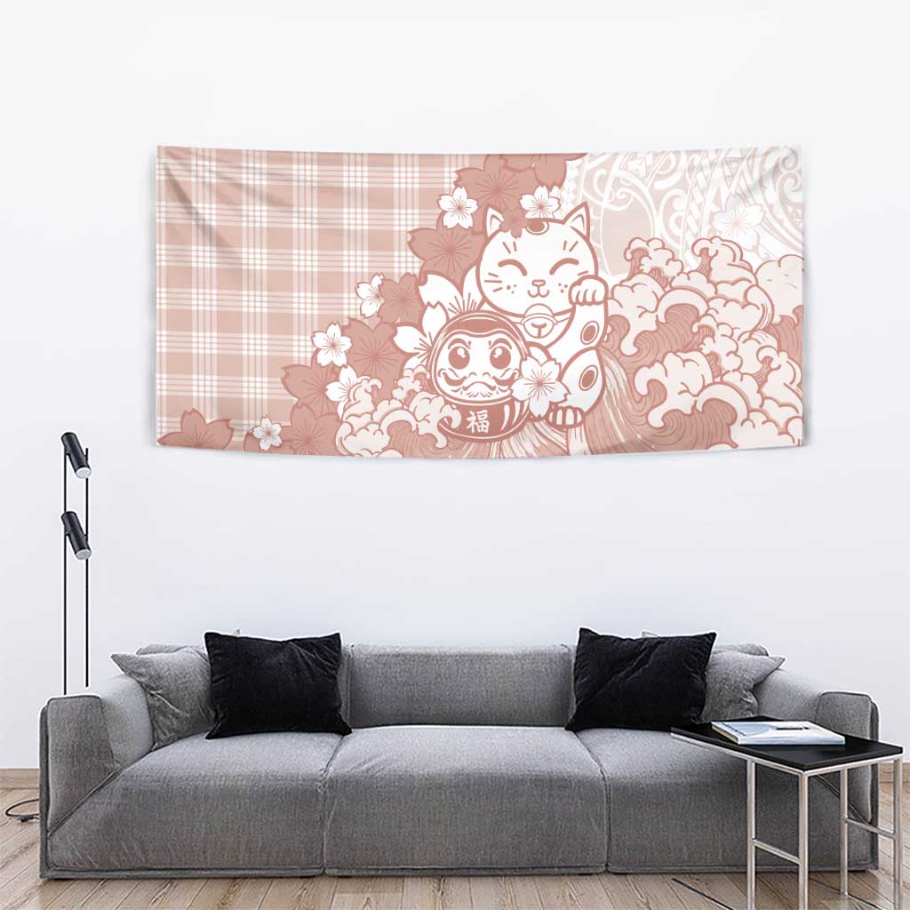 Beige Palaka Hawaiian And Japanese Tapestry Maneki Neko And Sakura Bloom