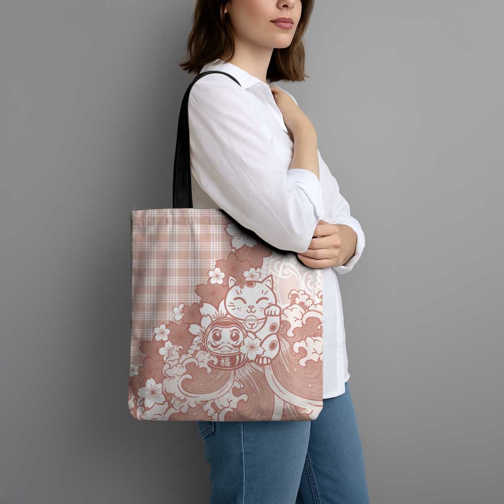 Beige Palaka Hawaiian And Japanese Tote Bag Maneki Neko And Sakura Bloom DT05 - Polynesian Pride