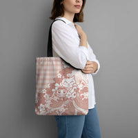 Beige Palaka Hawaiian And Japanese Tote Bag Maneki Neko And Sakura Bloom DT05 - Polynesian Pride
