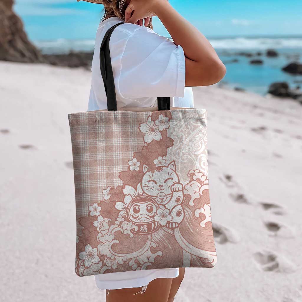 Beige Palaka Hawaiian And Japanese Tote Bag Maneki Neko And Sakura Bloom DT05 - Polynesian Pride