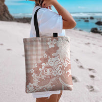 Beige Palaka Hawaiian And Japanese Tote Bag Maneki Neko And Sakura Bloom DT05 - Polynesian Pride