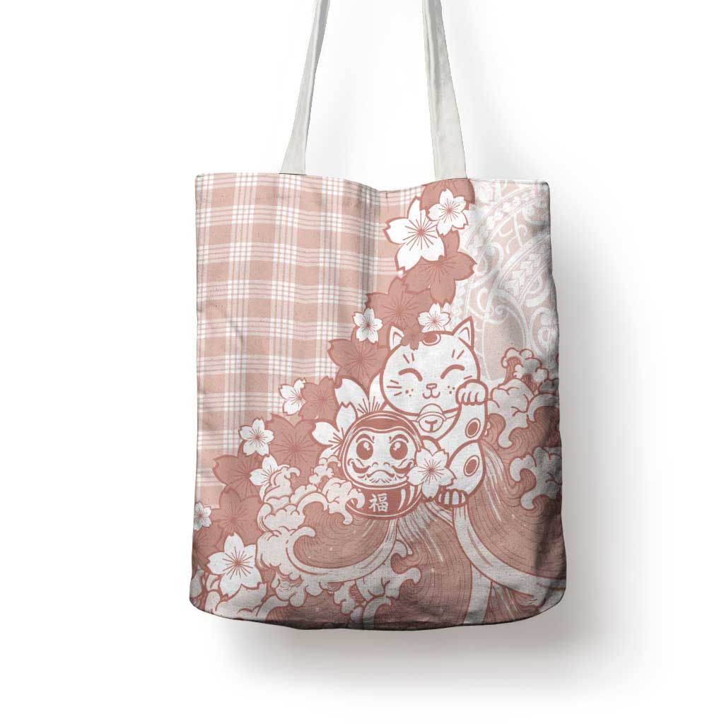Beige Palaka Hawaiian And Japanese Tote Bag Maneki Neko And Sakura Bloom DT05 - Polynesian Pride
