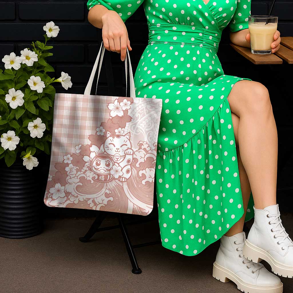 Beige Palaka Hawaiian And Japanese Tote Bag Maneki Neko And Sakura Bloom DT05 - Polynesian Pride