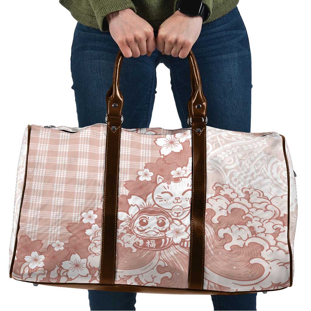Beige Palaka Hawaiian And Japanese Travel Bag Maneki Neko And Sakura Bloom