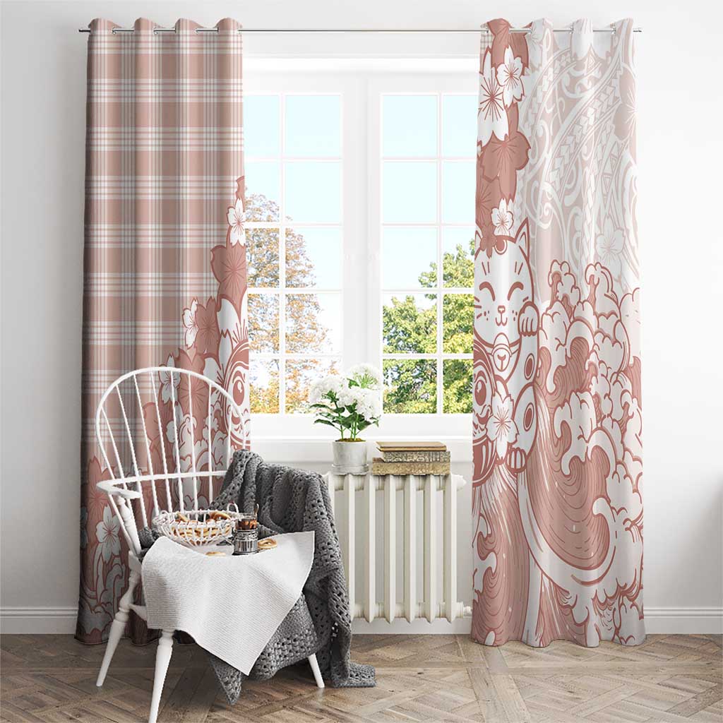 Beige Palaka Hawaiian And Japanese Window Curtain Maneki Neko And Sakura Bloom