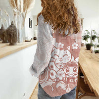 Beige Palaka Hawaiian And Japanese Women Casual Shirt Maneki Neko And Sakura Bloom DT05 - Polynesian Pride