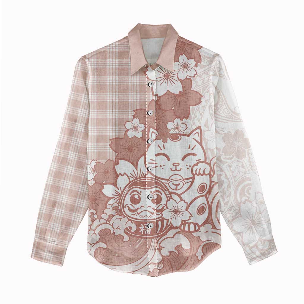 Beige Palaka Hawaiian And Japanese Women Casual Shirt Maneki Neko And Sakura Bloom DT05 - Polynesian Pride