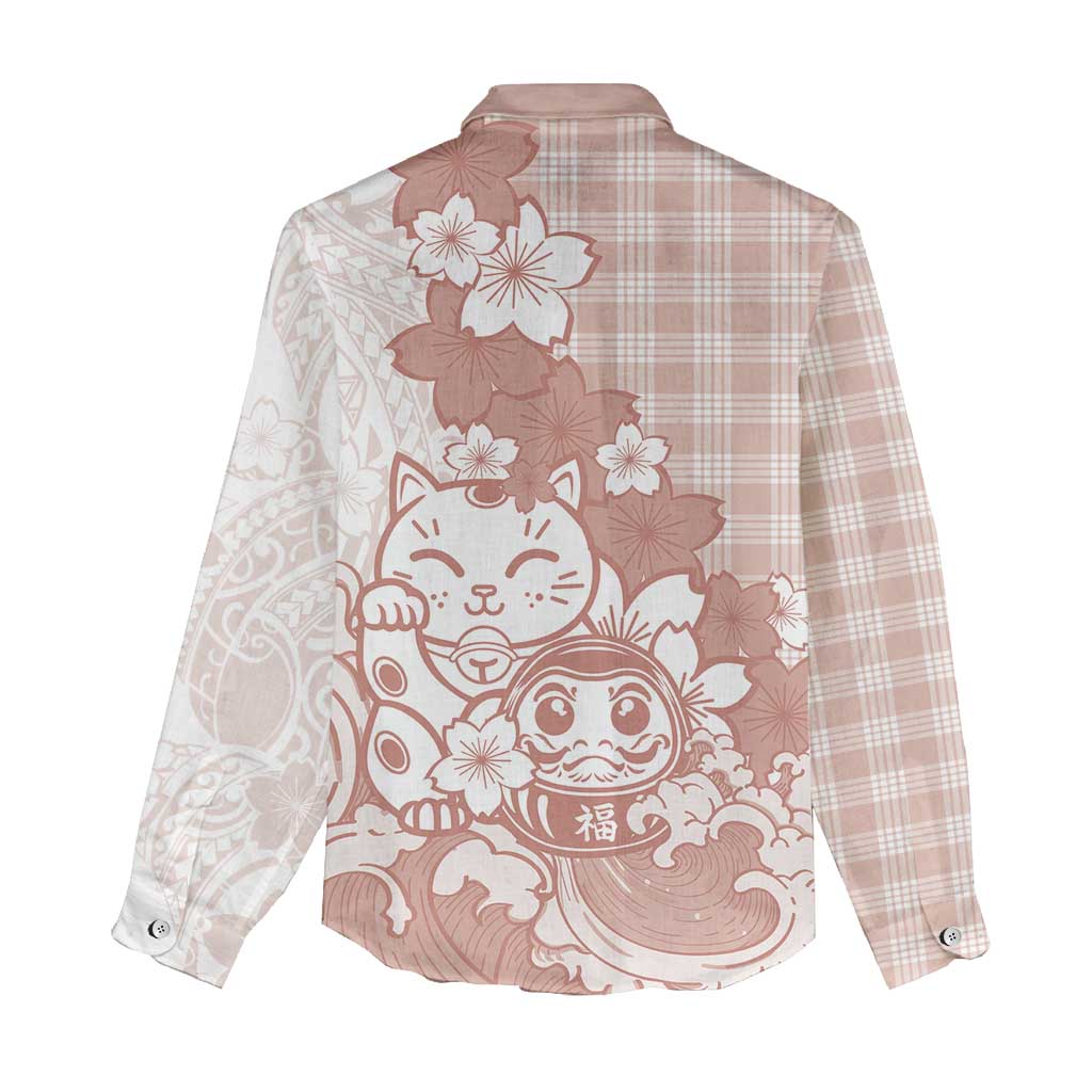 Beige Palaka Hawaiian And Japanese Women Casual Shirt Maneki Neko And Sakura Bloom DT05 - Polynesian Pride