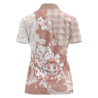 Beige Palaka Hawaiian And Japanese Women Polo Shirt Maneki Neko And Sakura Bloom DT05 - Polynesian Pride
