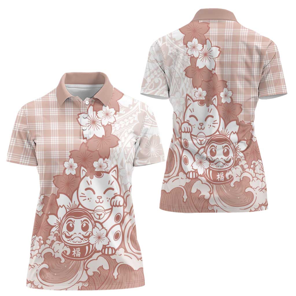 Beige Palaka Hawaiian And Japanese Women Polo Shirt Maneki Neko And Sakura Bloom DT05 - Polynesian Pride