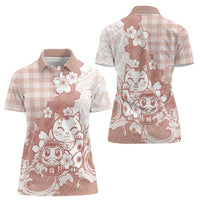 Beige Palaka Hawaiian And Japanese Women Polo Shirt Maneki Neko And Sakura Bloom DT05 - Polynesian Pride