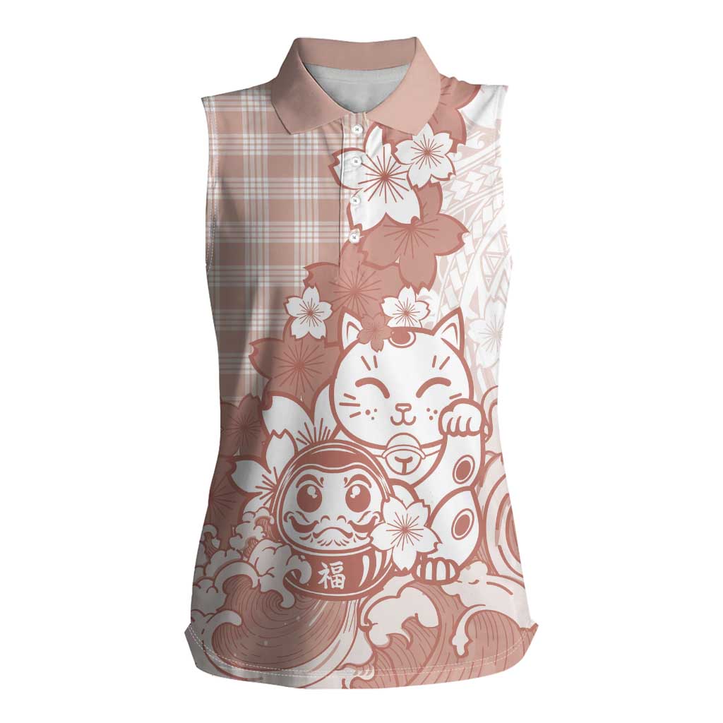 Beige Palaka Hawaiian And Japanese Women Sleeveless Polo Shirt Maneki Neko And Sakura Bloom DT05 Female Beige - Polynesian Pride