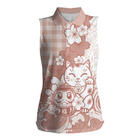 Beige Palaka Hawaiian And Japanese Women Sleeveless Polo Shirt Maneki Neko And Sakura Bloom DT05 Female Beige - Polynesian Pride